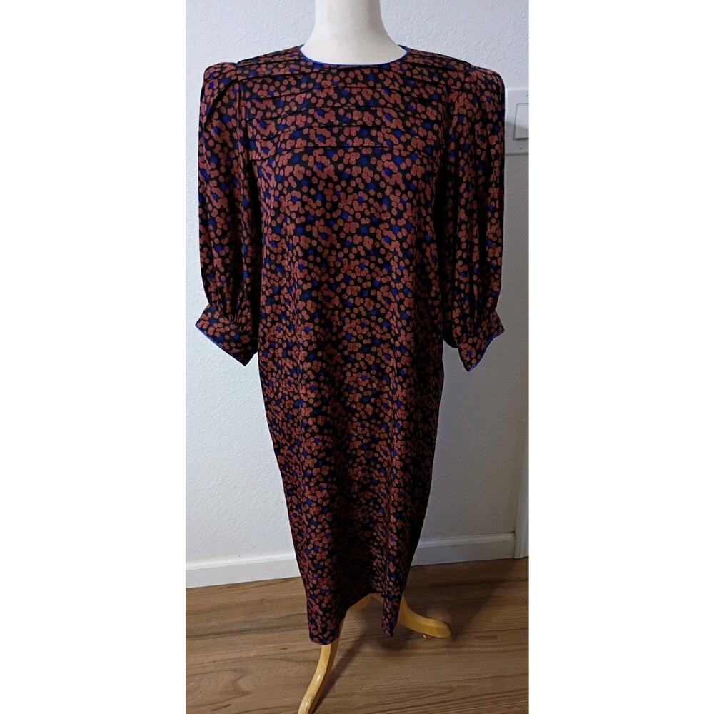 Vintage Flora Kung Midi Dress Retro puffed sleeves 10 Floral Abstract 100% Silk